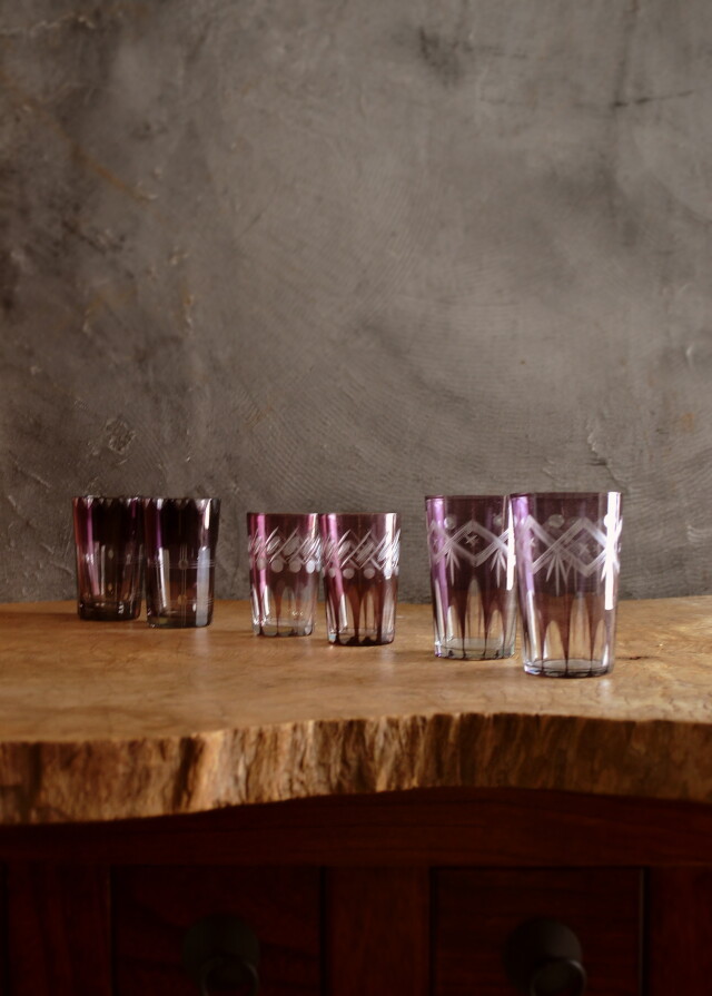 切子ガラスコップ 紫色 パープル3種 各２客セット 昭和レトロ