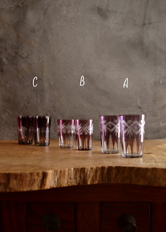 切子ガラスコップ　紫色　パープル3種　各２客セット　昭和レトロ　切子グラス