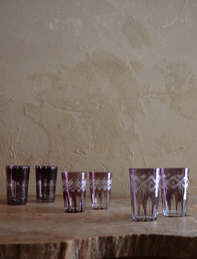 切子ガラスコップ　紫色　パープル3種　各２客セット　昭和レトロ　切子グラス